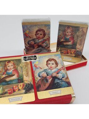 Vintage Durotone Plastic Coated Playing Cards Set In Red Box